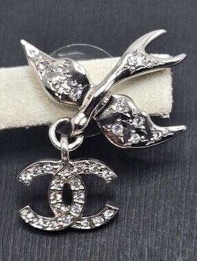 #175 - CHANEL Coco Mark Strass Bird Earrings Silver Tone Metal ABF759, C25S
