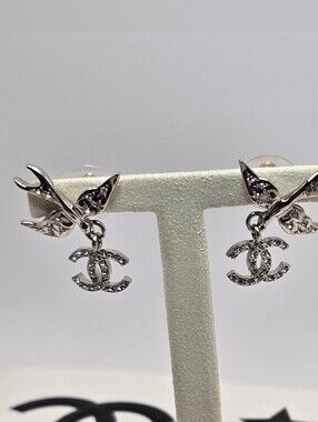 #175 - CHANEL Coco Mark Strass Bird Earrings Silver Tone Metal ABF759, C25S