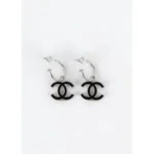 Authentic Chanel Earrings Coco Mark GP Plated Champagne Gold Black Ladies