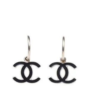 Authentic Chanel Earrings Coco Mark GP Plated Champagne Gold Black Ladies
