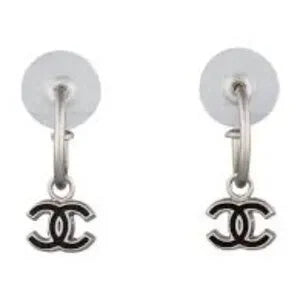 Authentic Chanel Earrings Coco Mark GP Plated Champagne Gold Black Ladies