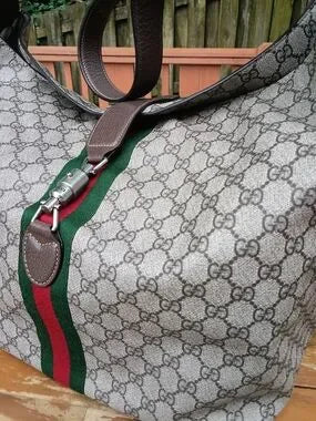Gucci Beige/Gray Monogram Travel Tote with Green & Red Web Stripe