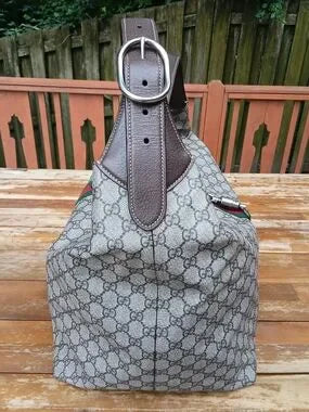 Gucci Beige/Gray Monogram Travel Tote with Green & Red Web Stripe