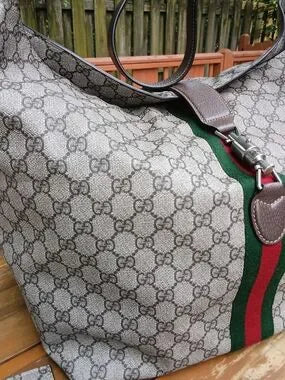 Gucci Beige/Gray Monogram Travel Tote with Green & Red Web Stripe