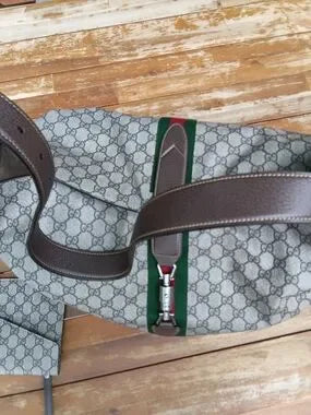 Gucci Beige/Gray Monogram Travel Tote with Green & Red Web Stripe