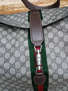 Gucci Beige/Gray Monogram Travel Tote with Green & Red Web Stripe
