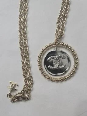 #145 CHANEL Coco Mark Necklace Jewelry GP (Gold Plated) Women's Gold and Silver