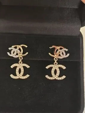 #148 - Chanel Triple CC Crystal/Pearl Earrings Light Gold/Silver 21B- AUTHENTIC