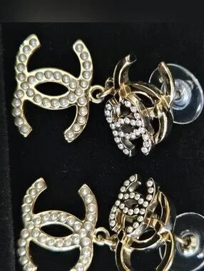 #148 - Chanel Triple CC Crystal/Pearl Earrings Light Gold/Silver 21B- AUTHENTIC