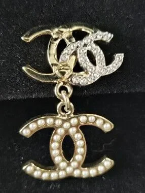 #148 - Chanel Triple CC Crystal/Pearl Earrings Light Gold/Silver 21B- AUTHENTIC