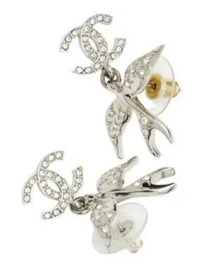 #175 - CHANEL Coco Mark Strass Bird Earrings Silver Tone Metal ABF759, C25S