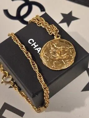 #176 Chanel Logo Coco Mark Vintage Necklace Gold Plated - Vintage