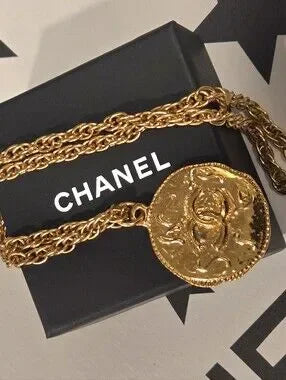 #176 Chanel Logo Coco Mark Vintage Necklace Gold Plated - Vintage